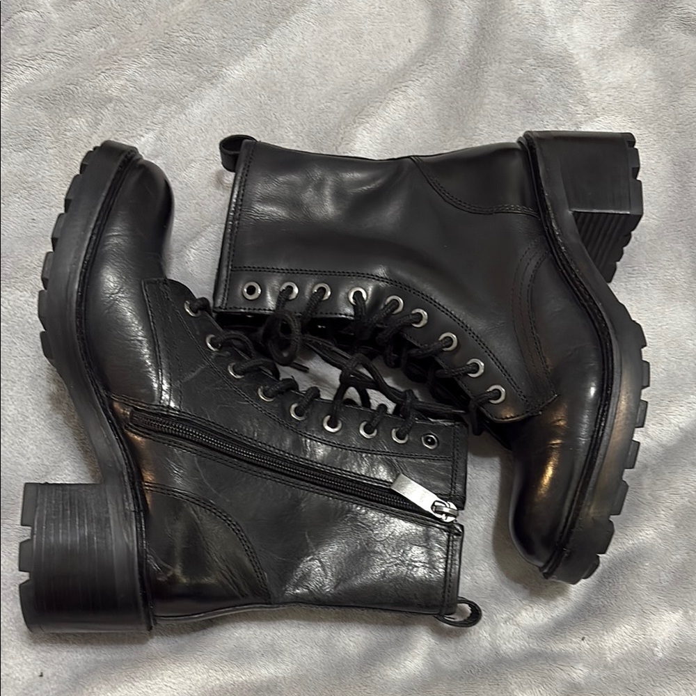 Aldo Black Lace-Up Leather Combat Boots with Side Zipper